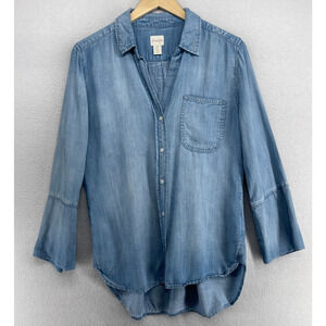 CHICOS Top 0 Chambray Lyocell Tunic Shirt Button Up High Low Long Sleeve Blue